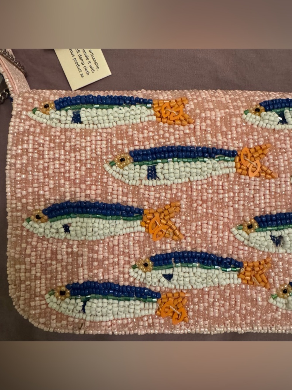 NEW NWT Viral Beaded Purse Bag Pink Sardines Fish with Charm - Made in India - Picture 2 of 15
